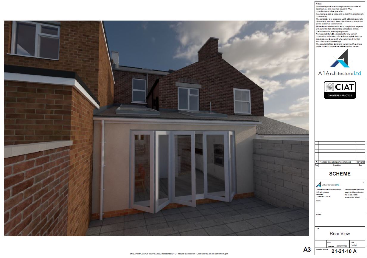 Scheme design rear view for single storey extension to house in Cheltenham