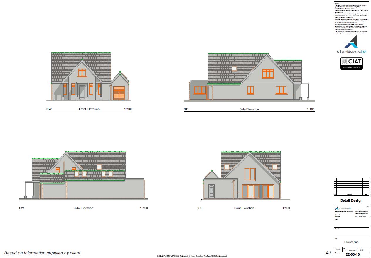 Detail design elevations for 2 storey extension to dwelling house
