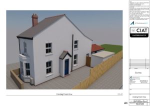 Survey 3d front view for single storey house extension in Gloucester