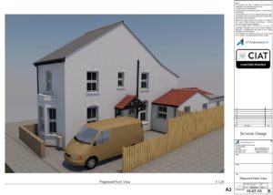 3D Proposed front view for a single storey house extension in Gloucester