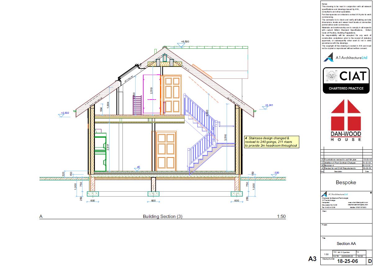 Section for a bespoke new build timber framed danwood two storey house in Wales