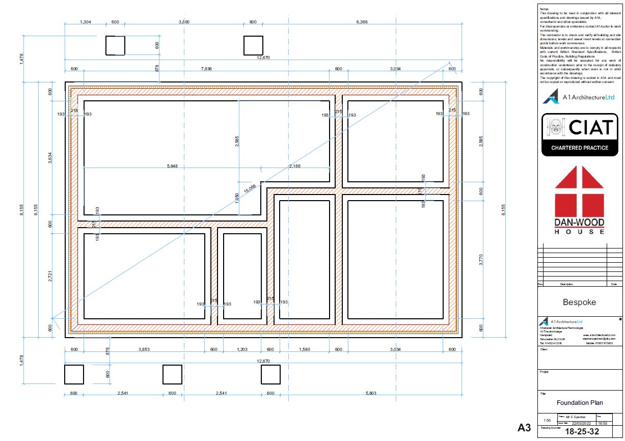 Foundation plan for a bespoke new build timber framed danwood two storey house in Wales