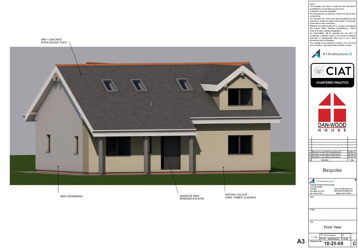 3d front view for a bespoke new build timber framed Danwood two storey house in Wales