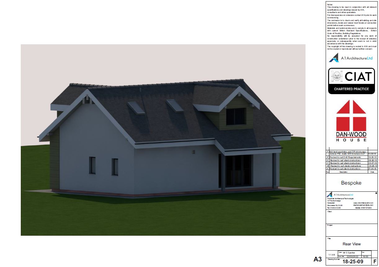 3d rear view for a bespoke new build timber framed Dan-wood two storey house in Wales