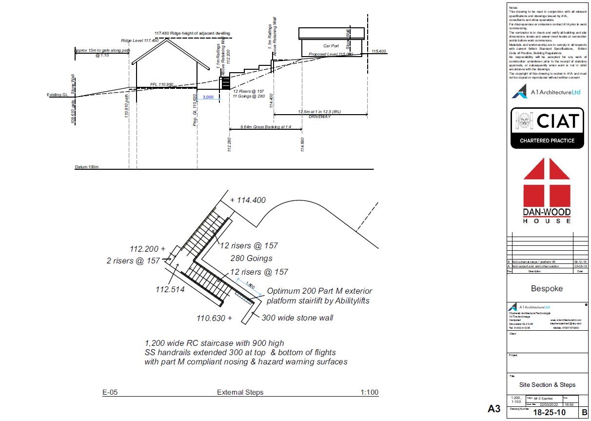 Site section and step detail for a bespoke new build timber framed danwood two storey house in Wales