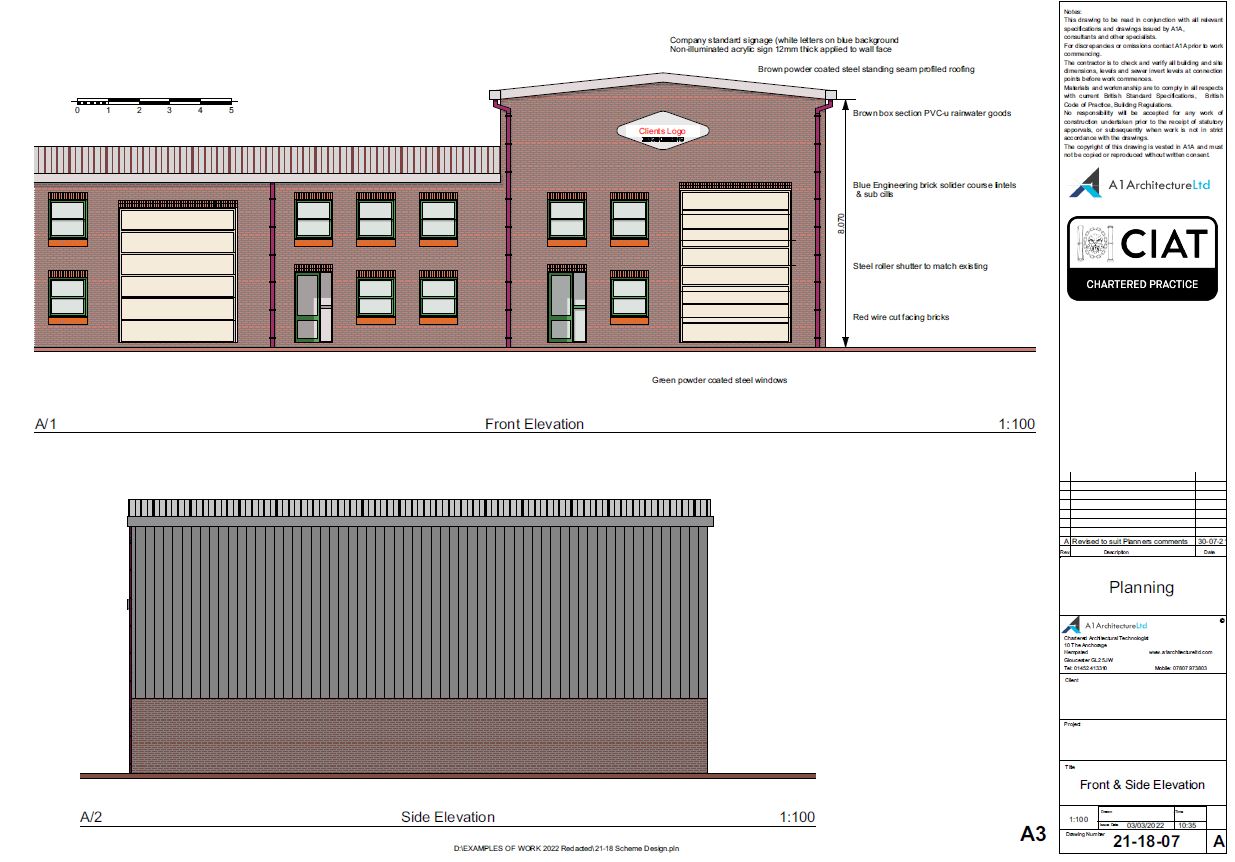 Planning elevations for factory extension in Gloucester