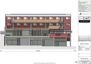 Scheme design rear elevation from commercial to flat conversion in Stroud Gloucestershire