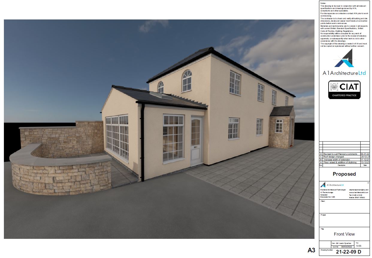 External 3D View of a single storey house extension in Gloucester