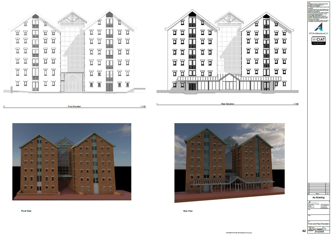 Survey elevations and 3D View of commercial building in Gloucester Docks for future alterations