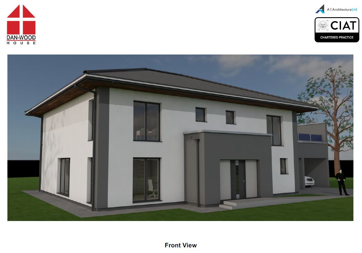 Feasibility design front view for bespoke Dan-Wood timber frame new build house